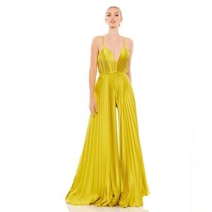 Ieena for Mac Duggal Pleated Wide Leg Jumpsuit in Chartruese